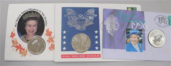 Three first day cover coins and an album and other first day covers